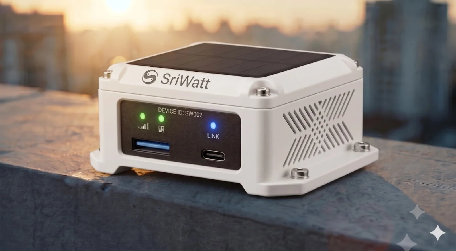 SriWatt device on an urban roof at sunset