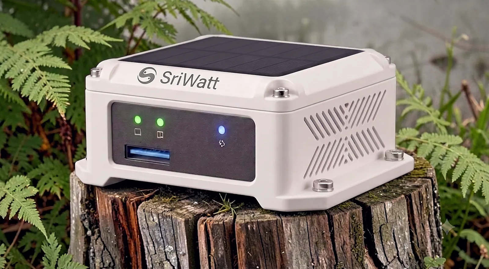 SriWatt device close-up with dust and leaves